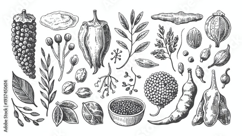 Vintage Botanical Illustration of Various Peppers, Seeds, and Herbs