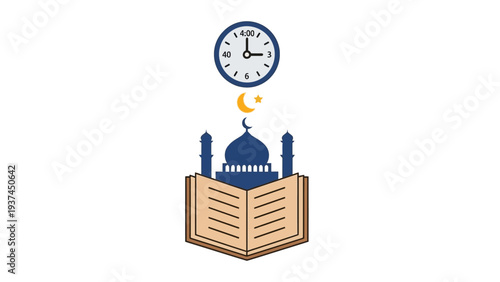 Open Quran Book with Mosque and Clock.