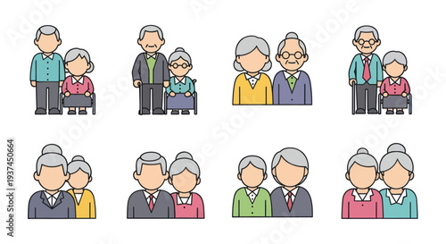 Set of elderly couple icons with different outfits and poses, senior people illustrations for healthcare, retirement, and family concepts