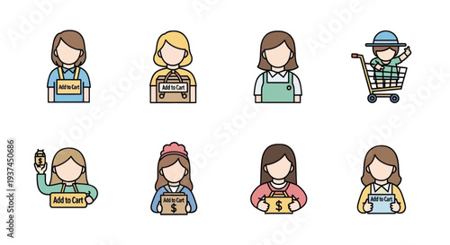 Set of faceless cartoon women with shopping and add to cart signs and a child sitting in a shopping cart, ecommerce and retail concept icons for online shopping designs
