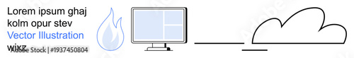 Technology, data storage, cloud computing, environmental tech, digital connections, software engineering. A computer monitor, water drop and cloud icon arranged linearly. Cloud computing