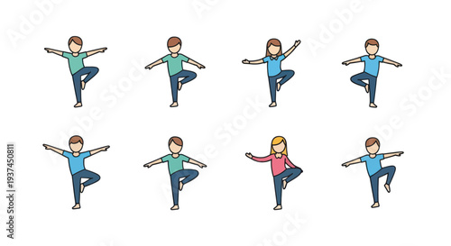 Children practicing yoga tree pose illustration, balance and mindfulness exercise for kids fitness and wellness activities