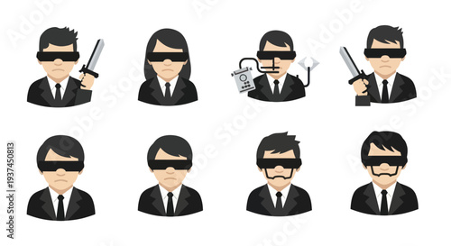 Vector set of secret agents and spies in black suits with sunglasses and gadgets, male and female characters for security and espionage design