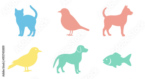 Colorful animal silhouettes including cats, birds, dogs, and fish on a white background, perfect for design and educational projects