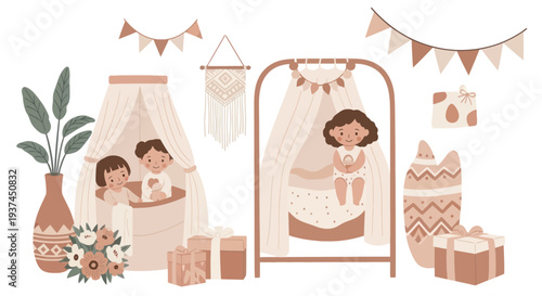 Cozy boho style nursery with happy children in tents, decorated with plants, flowers, gifts and bunting banners, perfect for kids room design