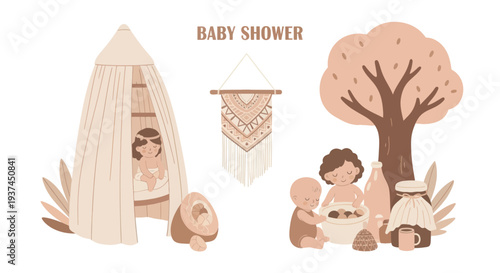Cute boho baby shower illustration with infants playing near teepee and tree, perfect for baby party invitations and nursery decor designs
