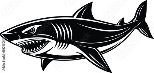 A black and white illustration of a shark with an open mouth and sharp teeth