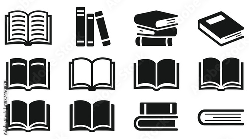 Set of black and white open and closed book icons for reading