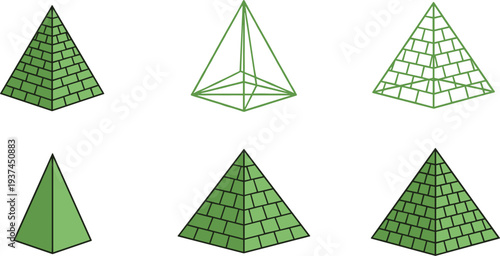 Green Pyramid Set Featuring Various Geometric Styles Including Bricks, Outlines, and Solid 3D Shapes for Egypt and Ancient History Design.