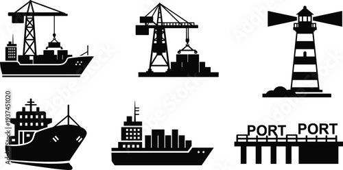 Harbor Port Maritime Transport Icons Set Cargo Ship Crane Lighthouse Pier Silhouette Vector