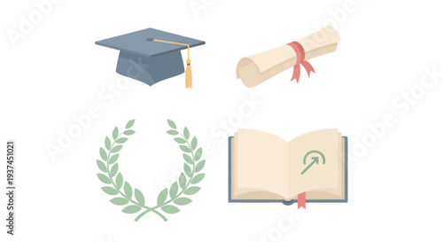 Education icons set with graduation cap, diploma scroll, laurel wreath, and open book for academic, learning, and achievement concepts