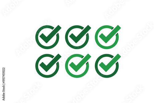 Green Checkmarks in Circles Icons Set on White Background for Approval and Confirmation