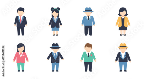 Flat cartoon business people characters diverse professional office team wearing suits and hats, vector icons for teamwork and corporate concepts