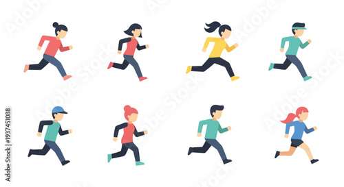 Flat style illustrations of diverse people running jogging and exercising, fitness and healthy lifestyle concept, suitable for apps and websites