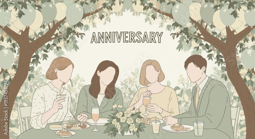 Elegant anniversary celebration outdoors with friends enjoying drinks and food under balloon-decorated trees, perfect for party and event themes