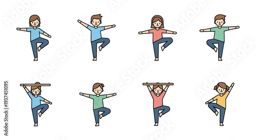 Cartoon kids doing yoga poses including tree pose, some holding a wooden stick, illustrating balance and exercise for children