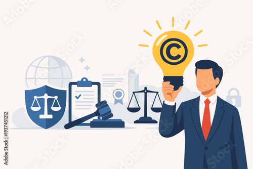 Intellectual Property Protection and Copyright Law Concept with Businessman Holding a Lightbulb with Copyright Symbol, Legal Icons like Gavel, Scales of Justice, and Certificate for Innovation.