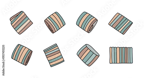 Hand-drawn striped rolls of fabric in pastel colors with blue, beige, brown tones, isolated on white background for textile or craft design