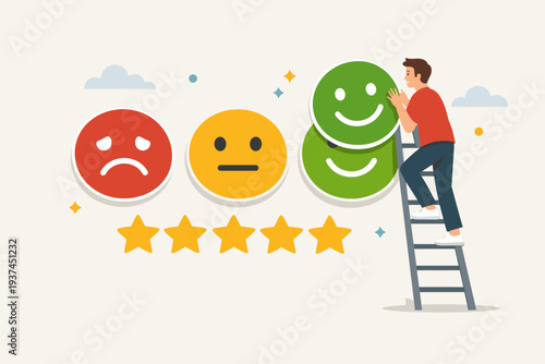 Customer satisfaction feedback and appreciation rating concept with a man on a ladder placing a positive green smiley face icon next to neutral and sad emojis with five gold stars below.