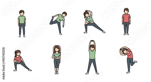 Illustration of men and women performing various stretching exercises for fitness and wellness, ideal for health, workout, and yoga content