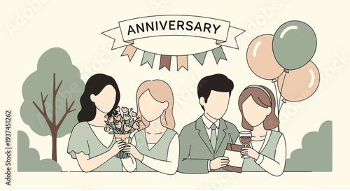 Minimalist illustration of diverse people celebrating anniversary with flowers, balloons, and drinks, perfect for party invitations and event promotions