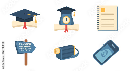 Education and learning icons set with graduation caps, diploma certificates, notebook, direction sign, video camera, and smartphone, perfect for e-learning and academic projects