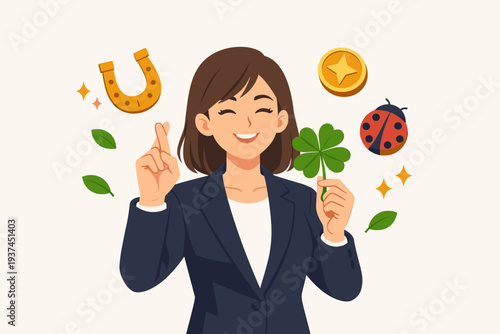 Happy Businesswoman Crossing Fingers and Holding Four-Leaf Clover Surrounded by Lucky Symbols Like Horseshoe, Ladybug, and Gold Coin for Success, Fortune, Career Opportunity, and Good Luck Concept