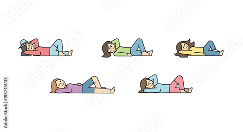 Set of cartoon women relaxing lying down in different casual poses and clothing, peaceful resting and leisure lifestyle illustration