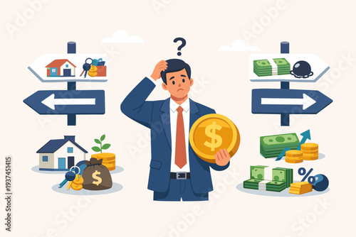 Businessman making a financial decision between investing and buying assets. Confused man holding a dollar coin standing between signposts for real estate, debt, and savings. Vector illustration.