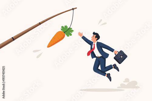 Businessman Jumping to Reach a Carrot Hanging from a Stick, Representing Motivation, Incentive, and Reward in Business. Concept of Employee Manipulation, Goal-Oriented Ambition, and Trickery.