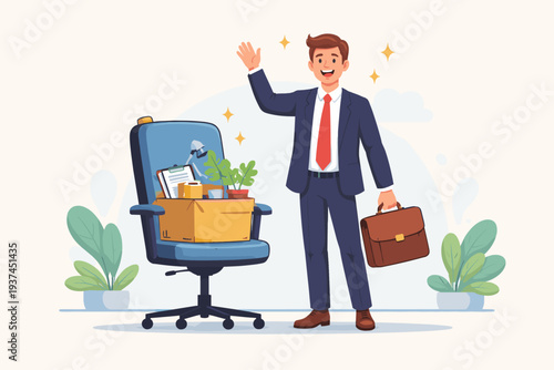 Happy Businessman with Briefcase and Box of Office Supplies on a Chair, Representing New Job Offer, Career Opportunity, Promotion, Recruitment, Hiring, Resignation, and Professional Growth.