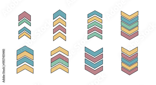 Set of colorful hand-drawn chevron arrows in various patterns and combinations isolated on white, perfect for design and decoration projects