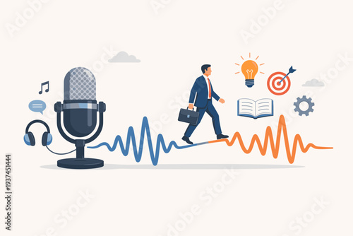 Businessman Walking on Sound Wave from Microphone for Podcast Learning, Personal Development, and Knowledge Growth Vector Illustration with Lightbulb, Target, and Book Icons for Education.