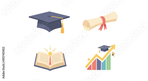 Education icons set including graduation cap, diploma scroll, open book with star, and growth chart with academic hat for learning and achievement concepts