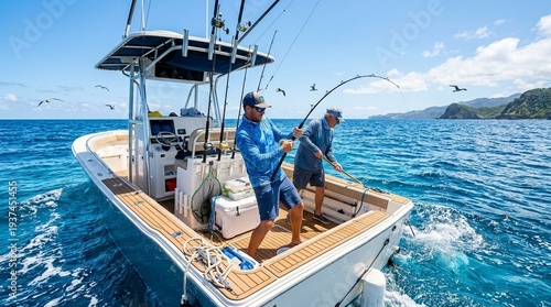 Two adult men on fishing boat at sea, action sportfishing with bent rod and splash, sunny summer travel adventure, teamwork and coastal leisure mood