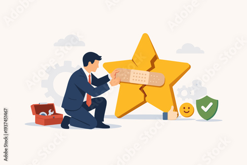 Businessman repairing a cracked gold star with a bandage, representing reputation management, crisis recovery, fixing customer trust, brand image restoration, and service quality improvement.