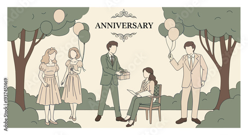 Elegant anniversary celebration with people exchanging gifts and balloons in a garden setting, perfect for event and party themes