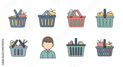 Set of colorful shopping basket icons and a person avatar, flat design illustration for ecommerce and retail marketing usage