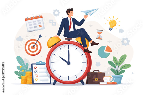 Businessman Sitting on Large Alarm Clock Managing Time and Tasks Efficiently with Checklist, Calendar, and Target Icons. Concept of Productivity, Deadline Management, and Business Success.