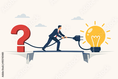 Businessman connecting a large question mark to a glowing light bulb, symbolizing problem solving, finding answers, innovation, creativity, and business success. Concept of overcoming challenges.