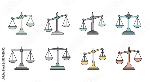 Set of different colored balance scales icons isolated on white background, law and justice symbols, legal and fairness concepts illustration