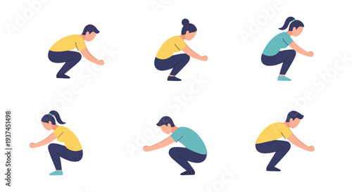 Flat style illustrations of people squatting in various positions, ideal for fitness, exercise, health, and workout-related projects
