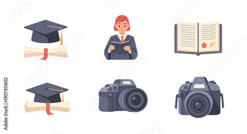 Set of education and photography icons including graduation cap with diploma, student reading book, open certificate book, and professional cameras ideal for learning and media design