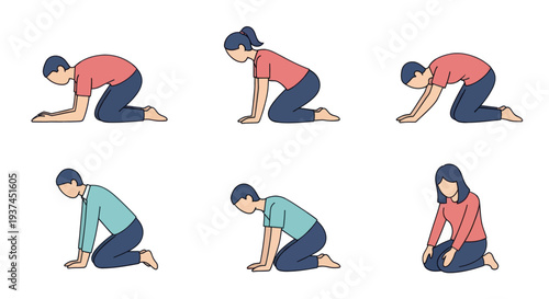 Illustration of men and women performing various yoga poses on knees for stretching and relaxation, perfect for wellness and fitness content