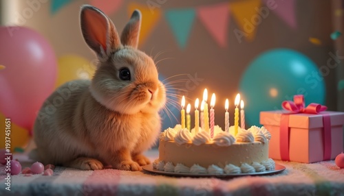 Cute fluffy rabbit sits by birthday cake with lit candles. Party decor includes balloons and gift box. Adorable animal celebrates holiday with festive sweets. Sweet mammal enjoys special occasion.