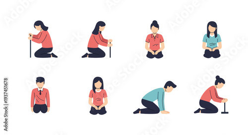Set of cartoon people showing various meditative and prayer postures with calm expressions and simple flat design for wellness and mindfulness projects