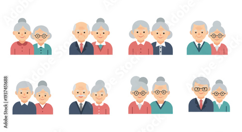 Set of elderly couples cartoon illustrations with grey hair, glasses and different outfits, senior adults icons for retirement and family concepts