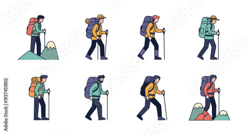 Set of hiking and trekking people icons with backpacks and walking sticks, outdoor adventure activity illustrations for travel and nature designs