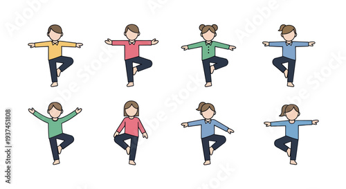 Set of diverse children practicing yoga tree pose vector illustration, healthy lifestyle kids exercise clipart ideal for wellness and education content