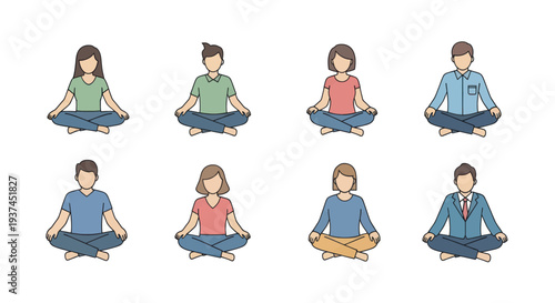 Set of diverse people meditating in lotus position, sitting cross-legged for yoga and mindfulness practice, relaxation and stress relief illustration